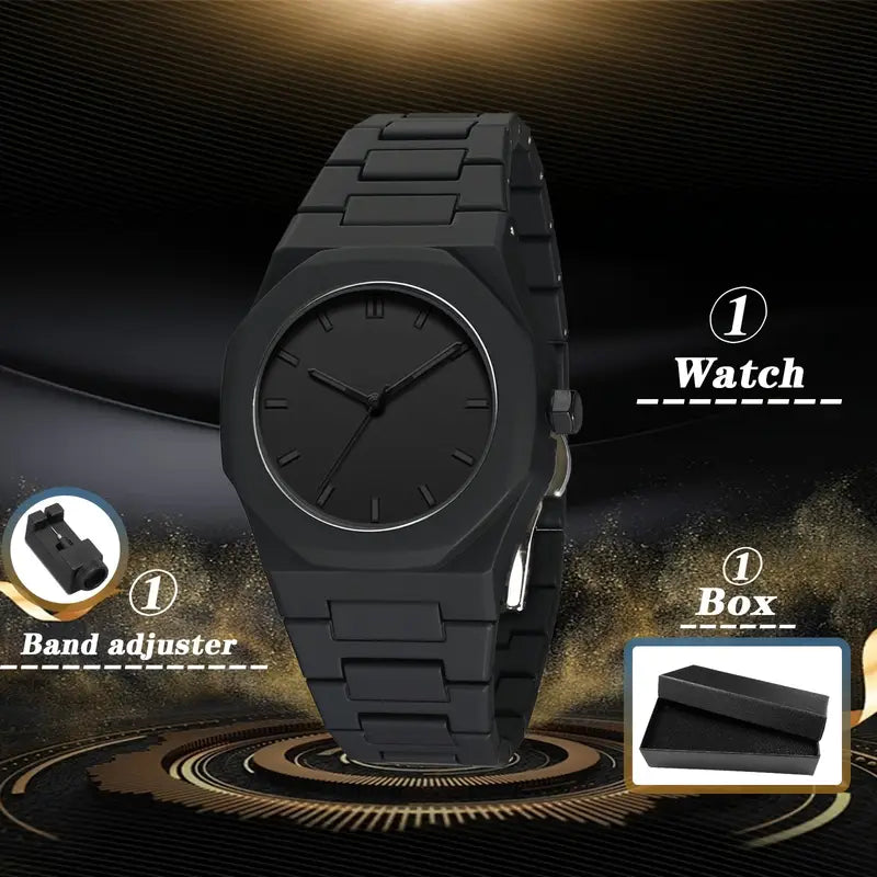 Men's Sporty Elegant Watch – Black dial, date display, silicone strap, quartz, stylish & durable.