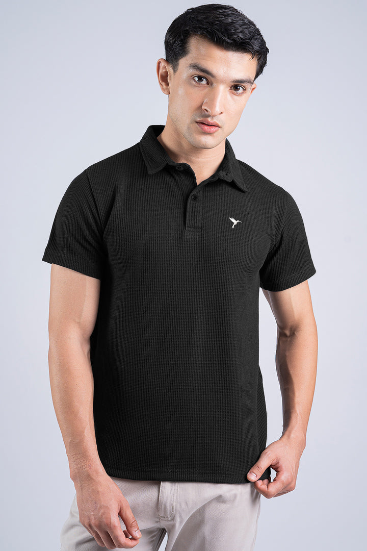 Black Waffle Knit Jacquard Polo Shirt - S25 - MP0297R