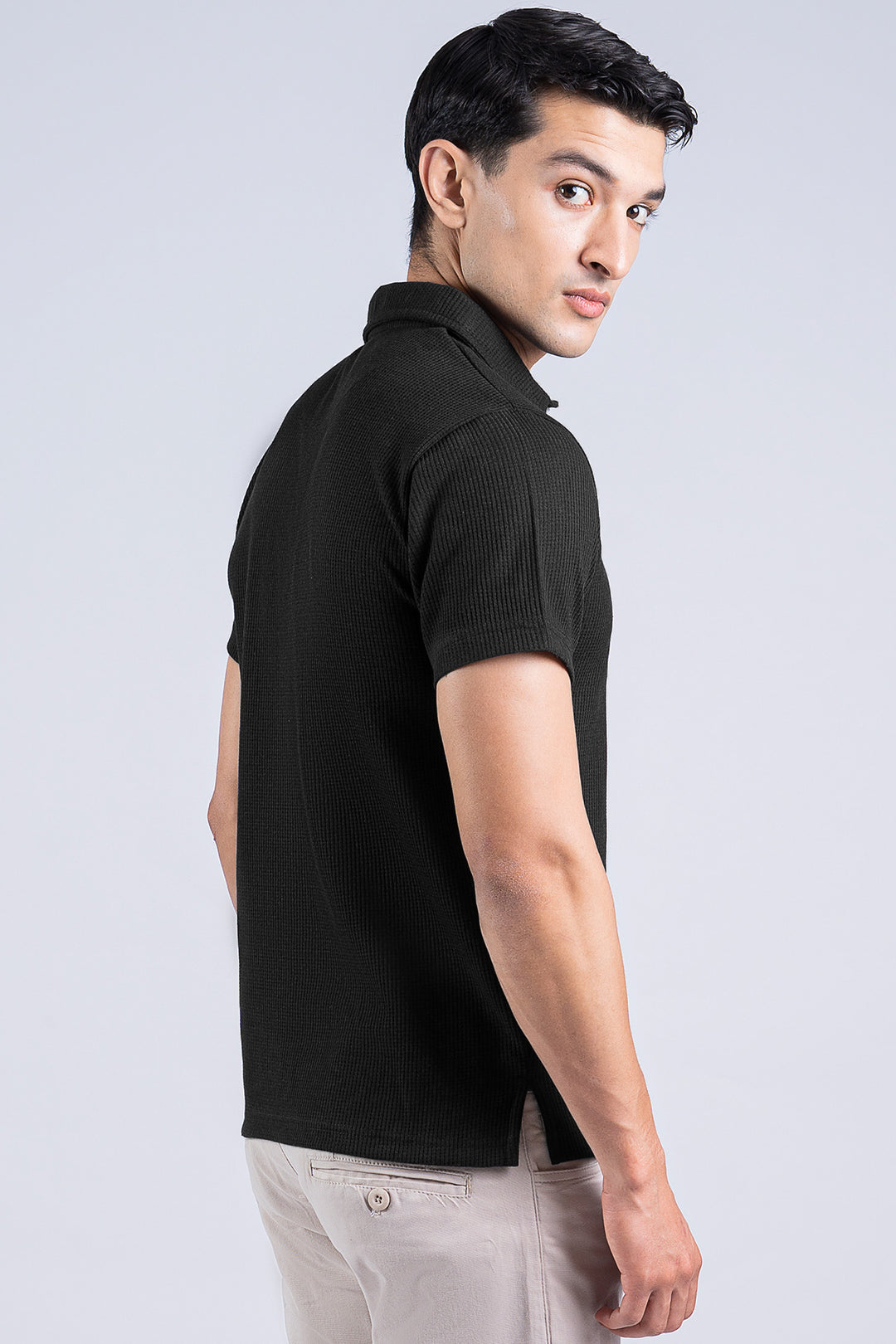 Black Waffle Knit Jacquard Polo Shirt - S25 - MP0297R
