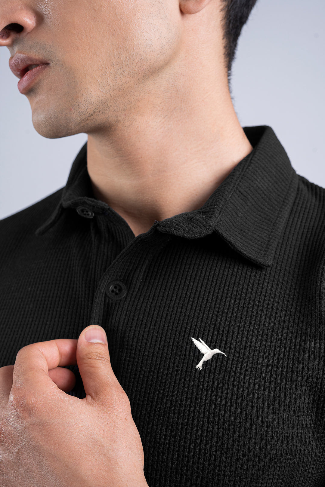 Black Waffle Knit Jacquard Polo Shirt - S25 - MP0297R