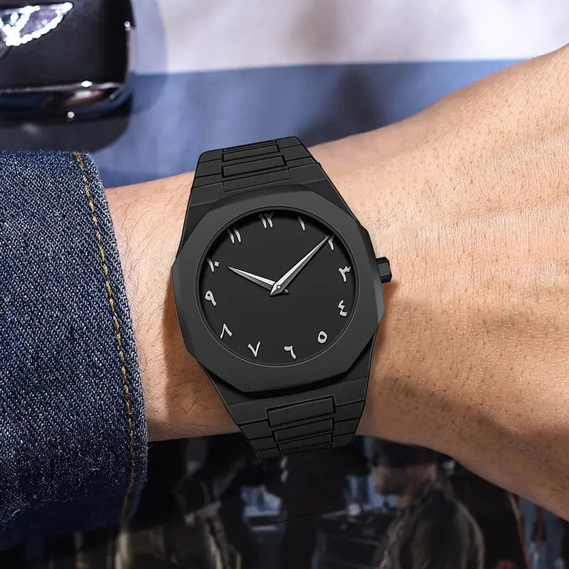 Men's Sporty Elegant Watch – Black dial, date display, silicone strap, quartz, stylish & durable.