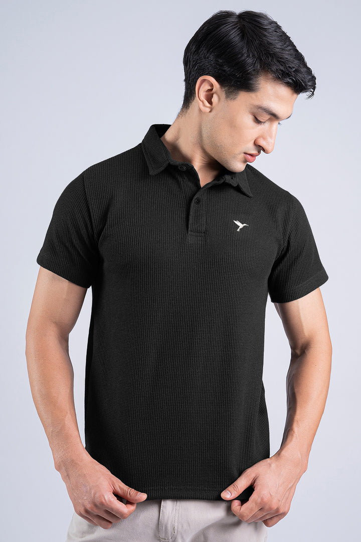 Black Waffle Knit Jacquard Polo Shirt - S25 - MP0297R