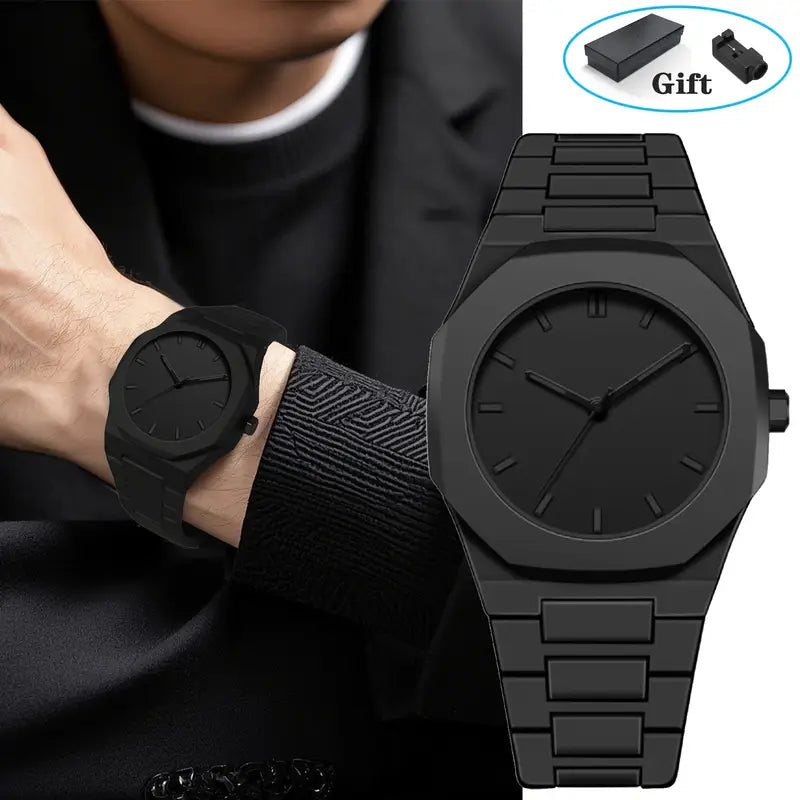 Men's Sporty Elegant Watch – Black dial, date display, silicone strap, quartz, stylish & durable.