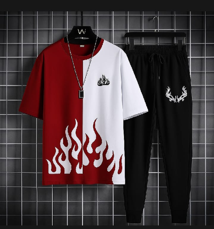 Trendy Black & White Fired Print Tracksuit for Men & Boys Premium quality tracksuit available with shorts or trousers. Stylish, comfortable, and perfect for casual or active wear.