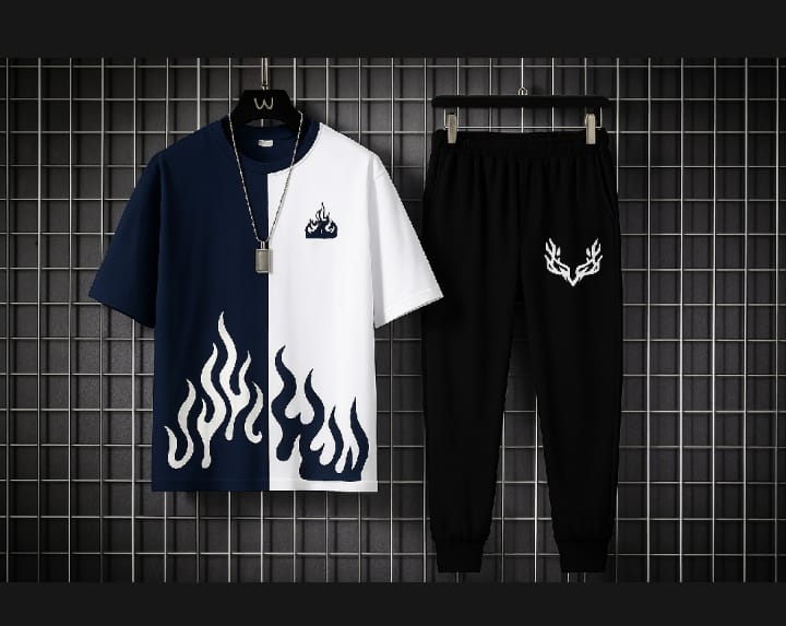 Trendy Black & White Fired Print Tracksuit for Men & Boys Premium quality tracksuit available with shorts or trousers. Stylish, comfortable, and perfect for casual or active wear.