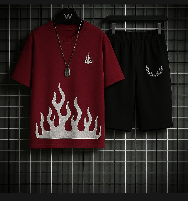 Trendy Black & White Fired Print Tracksuit for Men & Boys Premium quality tracksuit available with shorts or trousers. Stylish, comfortable, and perfect for casual or active wear.