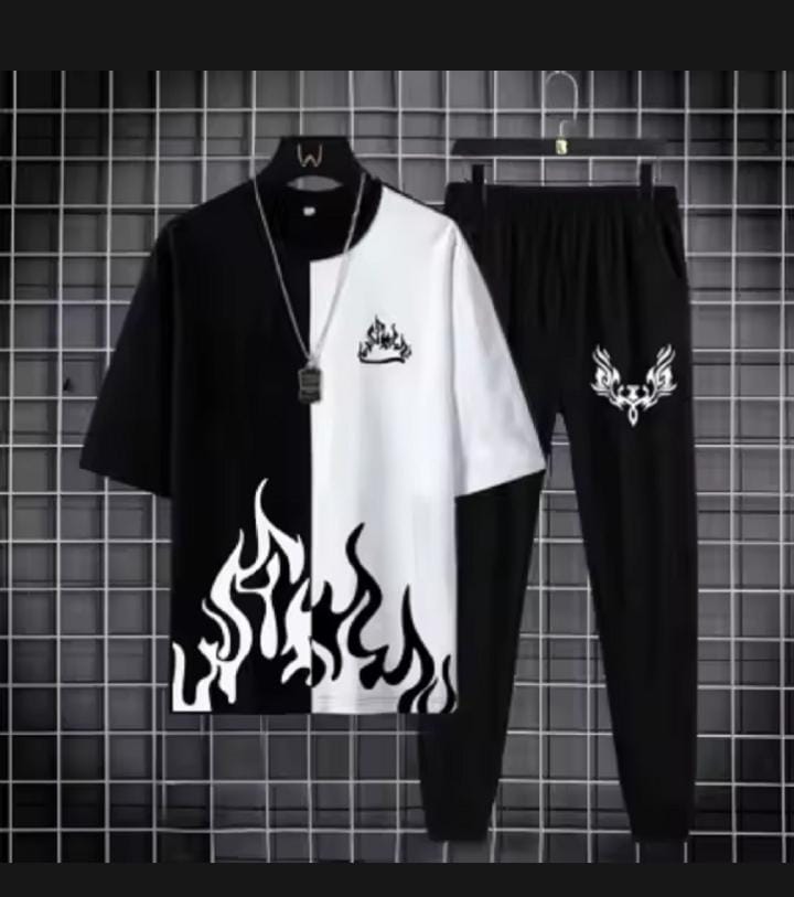 Trendy Black & White Fired Print Tracksuit for Men & Boys Premium quality tracksuit available with shorts or trousers. Stylish, comfortable, and perfect for casual or active wear.