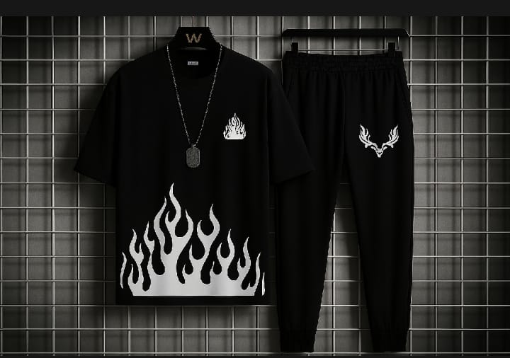Trendy Black & White Fired Print Tracksuit for Men & Boys Premium quality tracksuit available with shorts or trousers. Stylish, comfortable, and perfect for casual or active wear.
