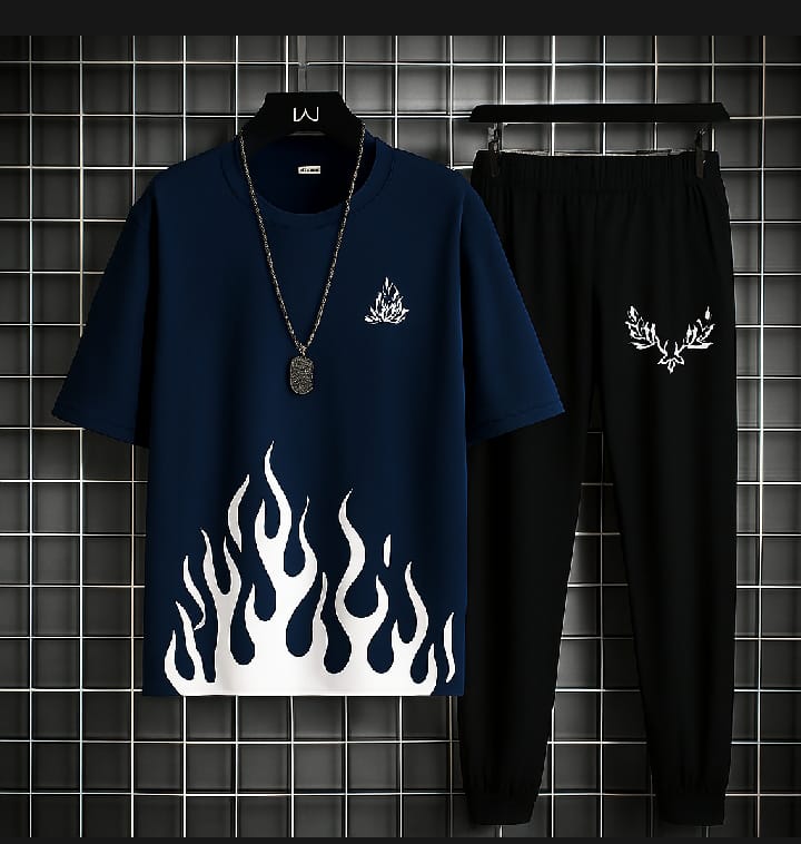 Trendy Black & White Fired Print Tracksuit for Men & Boys Premium quality tracksuit available with shorts or trousers. Stylish, comfortable, and perfect for casual or active wear.