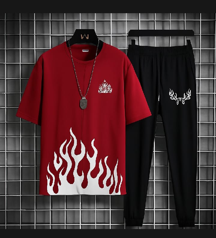 Trendy Black & White Fired Print Tracksuit for Men & Boys Premium quality tracksuit available with shorts or trousers. Stylish, comfortable, and perfect for casual or active wear.