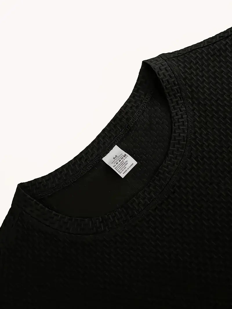 Men's Quick-Dry Moisture-Wicking Breathable Jacquard T-Shirt - Loose Fit Stretch Fabric for Gym, Running, Outdoor Sports & Casual Summer Wear - Black, Workout Shirt, Classic Round Neck, Medium Elasticity