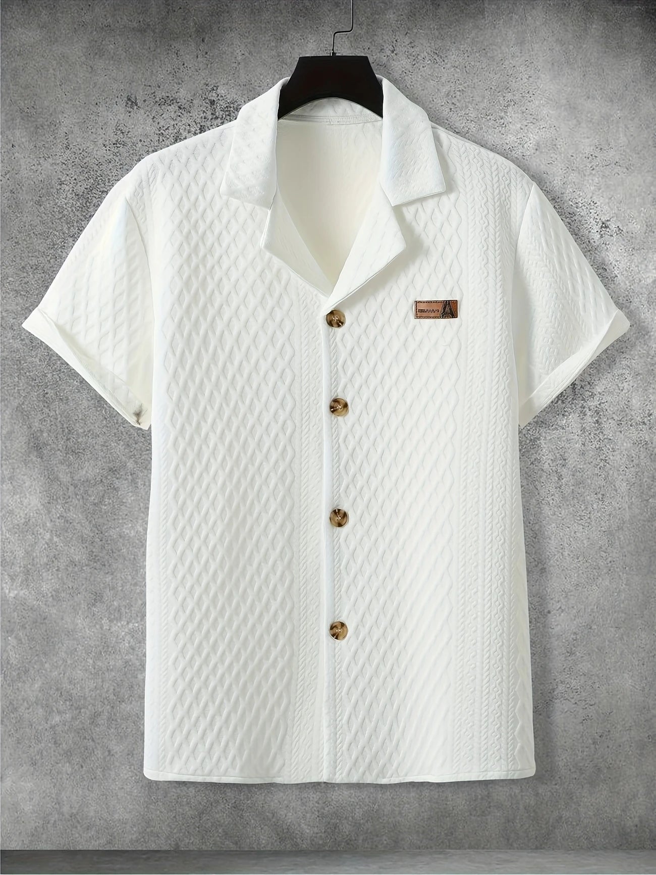 Men'S Casual Short Sleeve Button-Up Shirt with Embossed Pattern - Lightweight Polyester, Summer Lapel Collar Style, Regular Fit, Ideal for Casual Attire, Shirt
