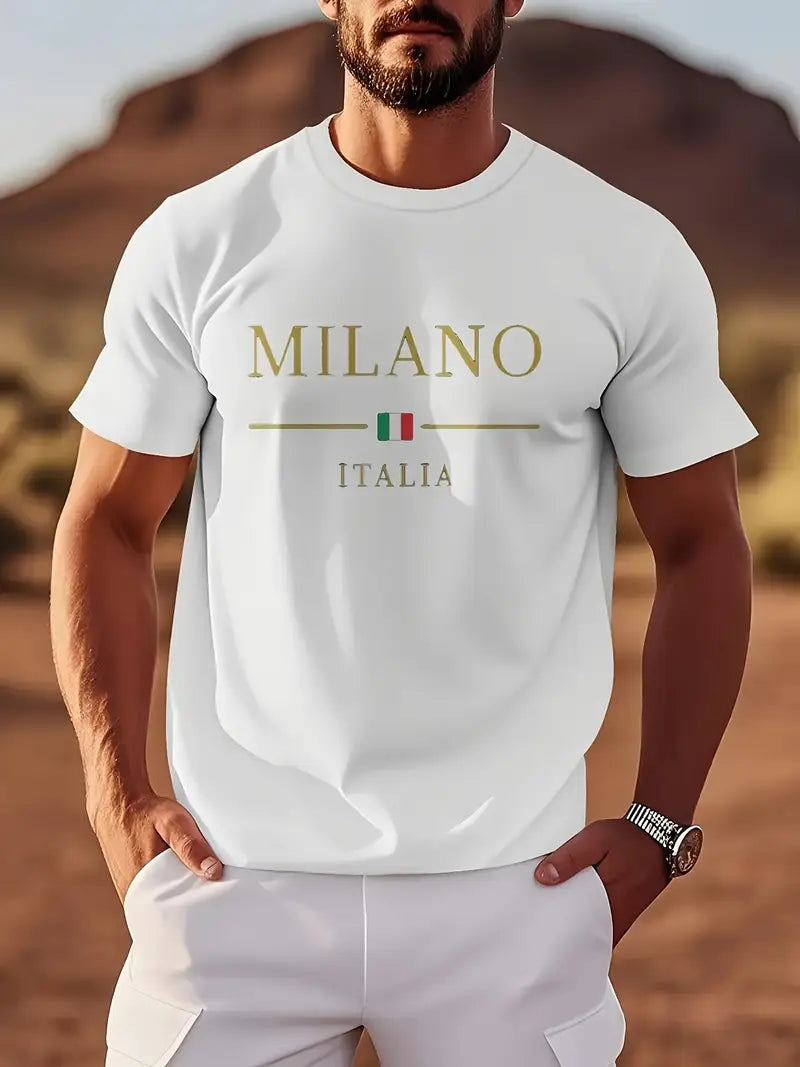 NEW TRENDY COLLECTİON Milano Letter Printed Men's Round Neck Short Sleeve T-Shirt.