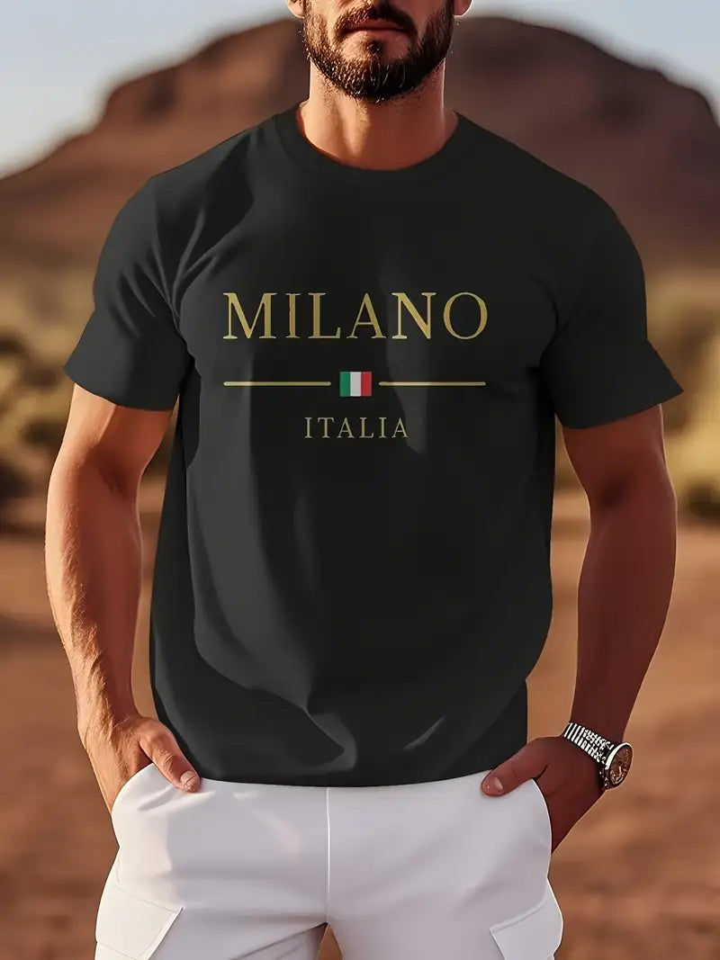 NEW TRENDY COLLECTİON Milano Letter Printed Men's Round Neck Short Sleeve T-Shirt.