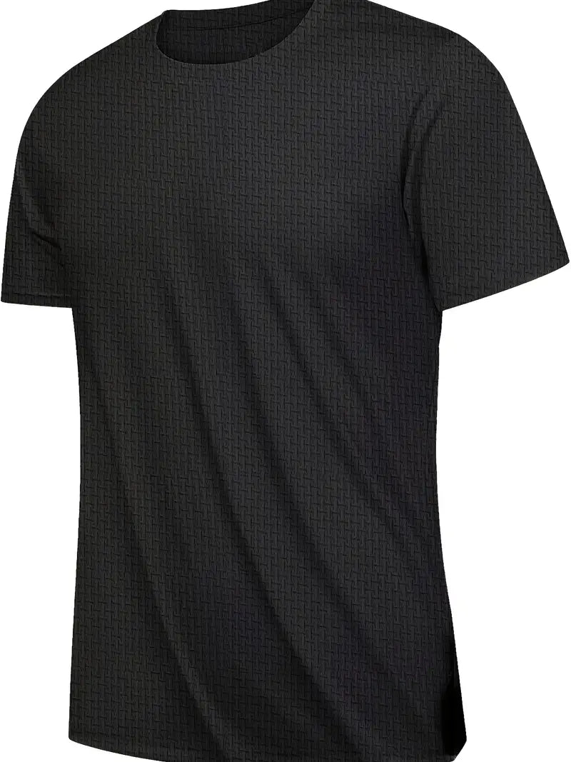 Men's Quick-Dry Moisture-Wicking Breathable Jacquard T-Shirt - Loose Fit Stretch Fabric for Gym, Running, Outdoor Sports & Casual Summer Wear - Black, Workout Shirt, Classic Round Neck, Medium Elasticity