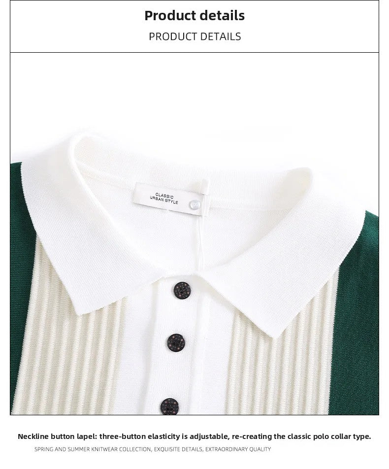 Ice Silk Polo Shirt Short Sleeve Men's Casual American Business Stripe Pattern Breathable Summer Regular Fit Male Top