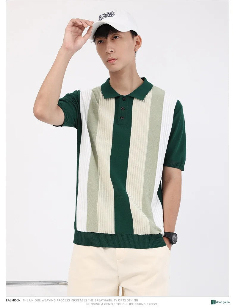 Ice Silk Polo Shirt Short Sleeve Men's Casual American Business Stripe Pattern Breathable Summer Regular Fit Male Top