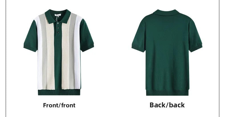 Ice Silk Polo Shirt Short Sleeve Men's Casual American Business Stripe Pattern Breathable Summer Regular Fit Male Top