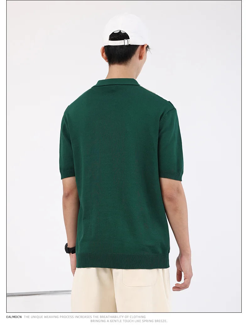 Ice Silk Polo Shirt Short Sleeve Men's Casual American Business Stripe Pattern Breathable Summer Regular Fit Male Top