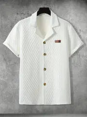 Men'S Casual Short Sleeve Button-Up Shirt with Embossed Pattern - Lightweight Polyester, Summer Lapel Collar Style, Regular Fit, Ideal for Casual Attire, Shirt