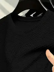 Men's Quick-Dry Moisture-Wicking Breathable Jacquard T-Shirt - Loose Fit Stretch Fabric for Gym, Running, Outdoor Sports & Casual Summer Wear - Black, Workout Shirt, Classic Round Neck, Medium Elasticity